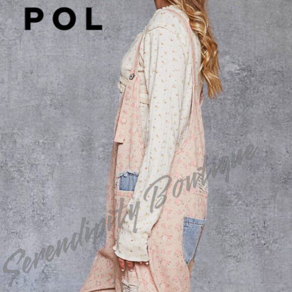 POL Farmers Suspender Overalls Wide Leg Floral Patchwork Denim Bib Overalls - Picture 9 of 11